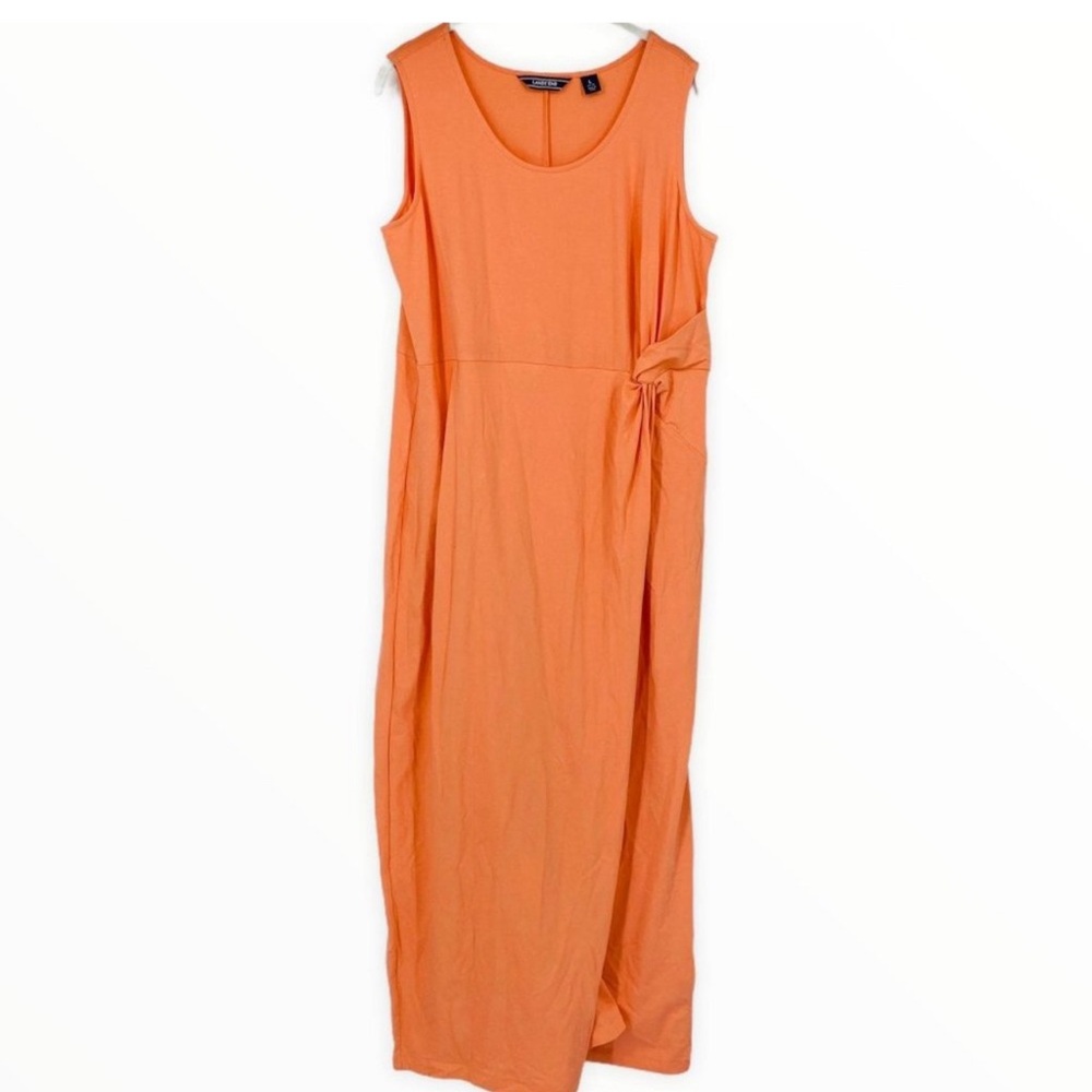 Lands End Sleeveless Knot Waist Maxi Dress Scoop Neck Orange Large Women